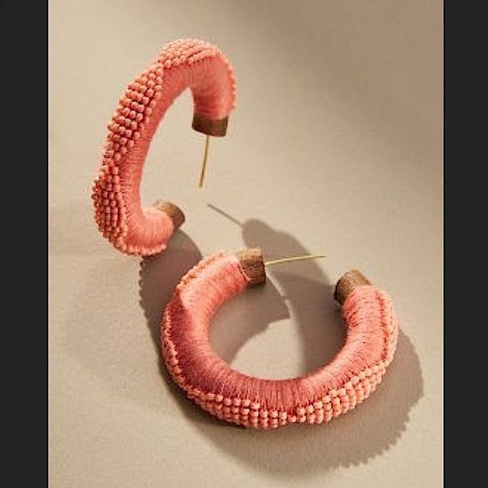 Anthropologie Embellished Raffia Hoop Earrings 2” diameter Peach Color